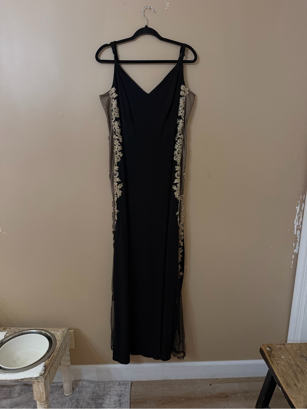 B Darlin Black Maxi Slip Dress with Gold Lace Side Panels